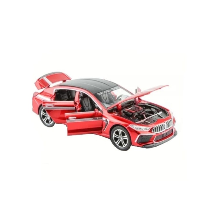 Masinuta metal mecanica BMW M8 Manhart, 3 sunete, usi mobile, capota mobila, portbagaj mobil, rosu, 15 cm