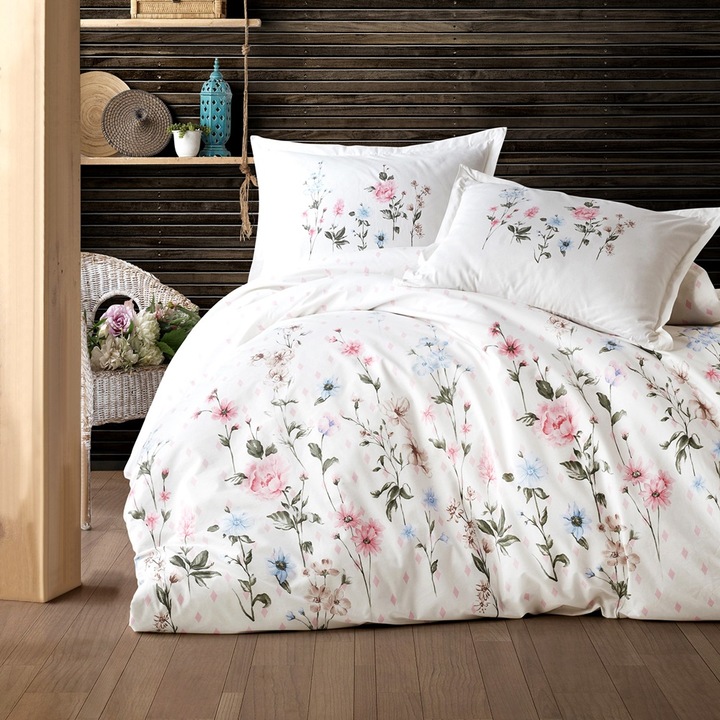 Lenjerie de pat dublu Bumbac 100% Ranforce, 240x240 cm, 2 persoane, 4 piese, Alb/Roz, RANC70