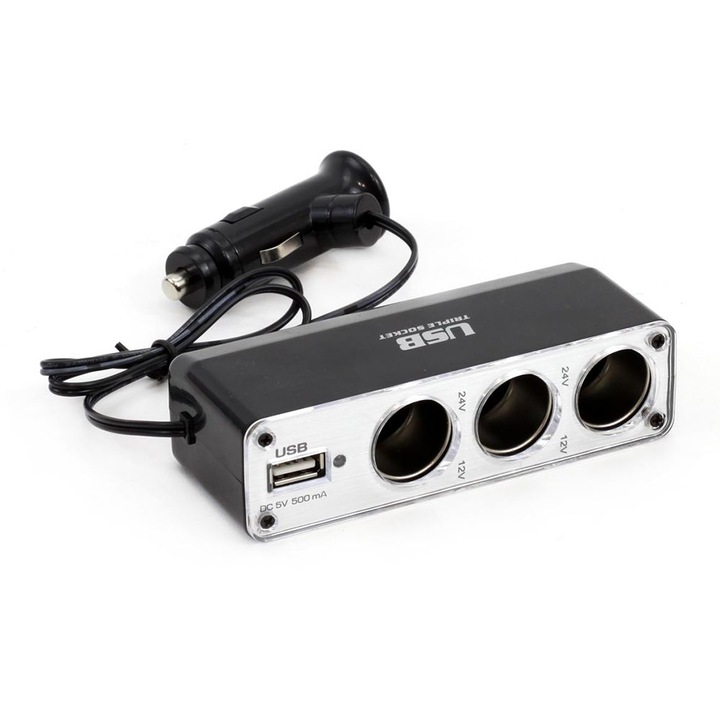AMIO Autós cigarettagyújtó elosztó, 12 v / 24 v, USB, 500 mA