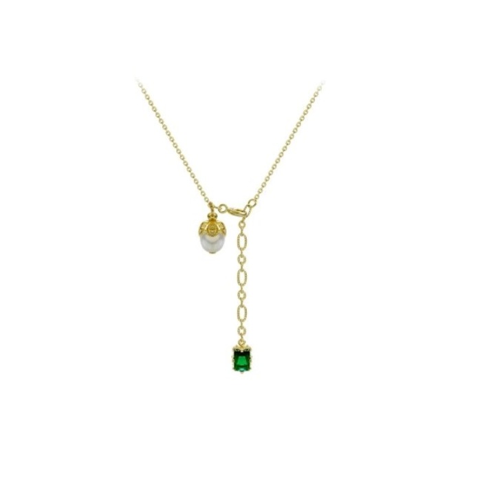 Colier Genesis auriu, cu pandantiv din cristal verde si perluta, Madamme Bijoux