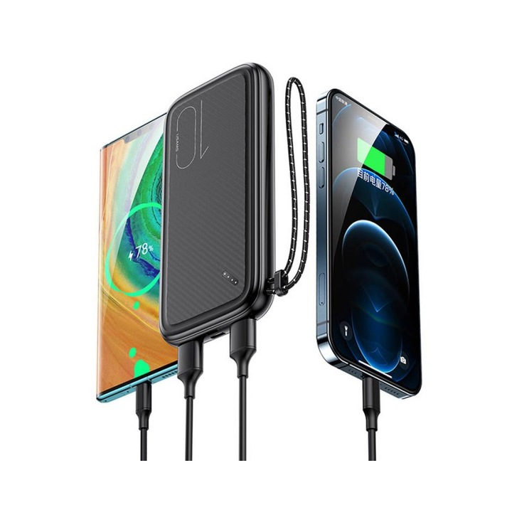 Baterie Externa Powerbank Usams (us-cd150), 10,000 Mah, 2 Porturi Usb Si Micro Usb / Type C, Negru