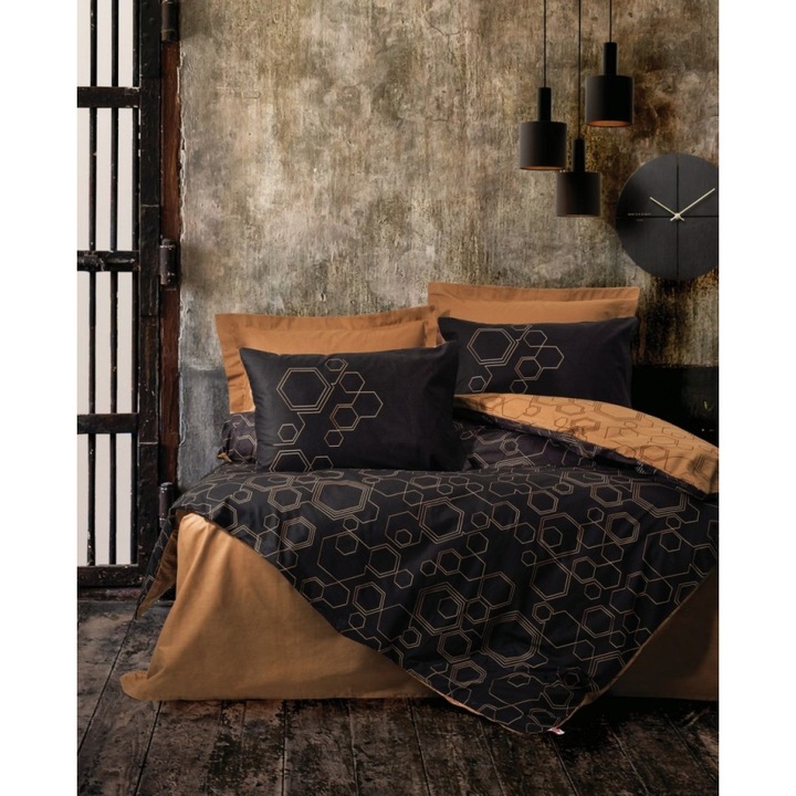 Set Lenjerie pat dublu bumbac 100% ranforce, 4 piese, 240x260 cm, Cotton Box, Dawn - Copper