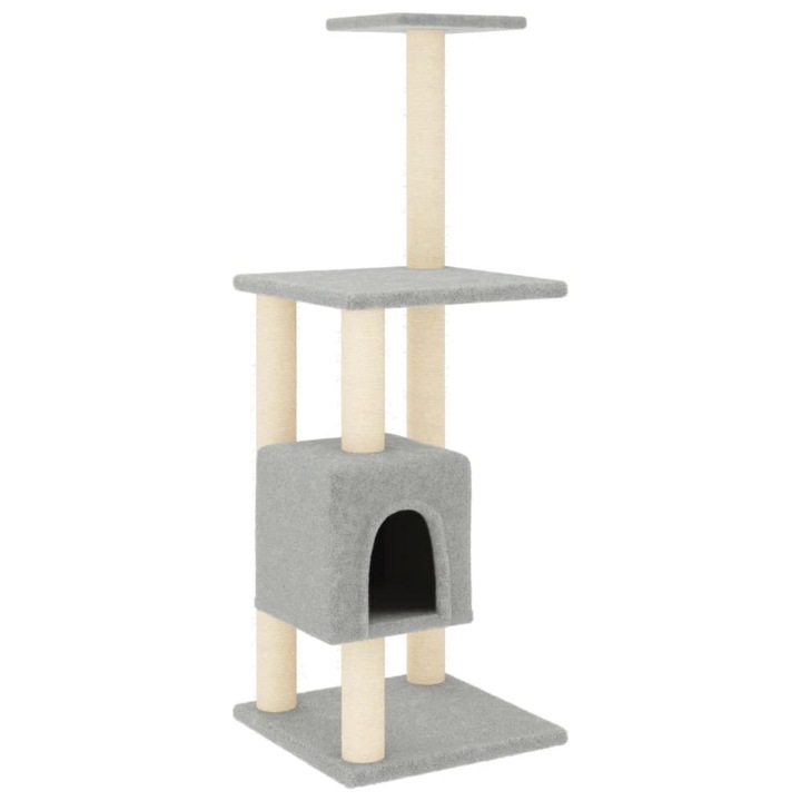 Ansamblu pisici vidaXL, stalpi din funie sisal, gri deschis, 104 cm, Cu un compartiment, turnuri de ascutit gheare si platforme