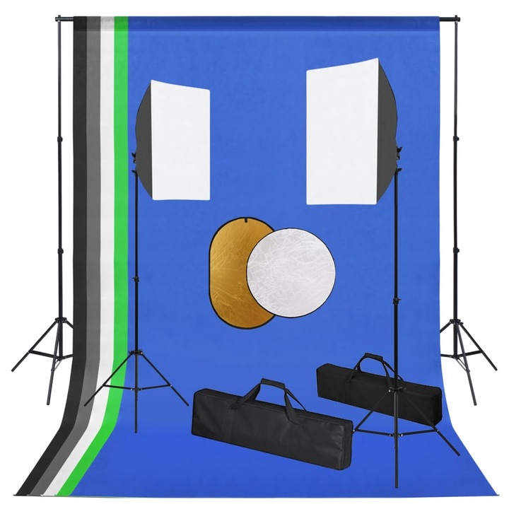 Kit de studio 2 lumini softbox, fundal si reflector, vidaXL, Aluminiu, 160 x 300 cm, Negru/Fundal albastru