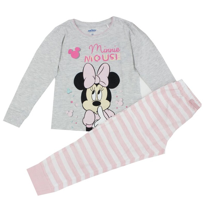 Pijama ML, bumbac, cu imprimeu, gri cu dungi roz