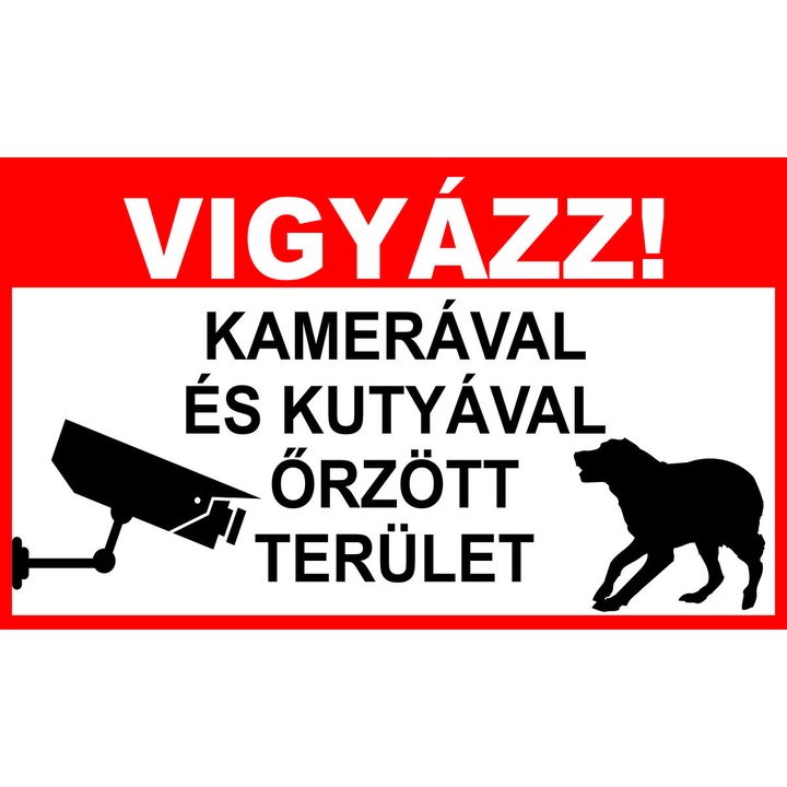 Kamerával és kutyával őrzött terület – 25 cm x 15 cm – matrica