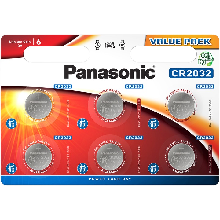 Baterii Panasonic Litiu CR2032, 3V, 6 buc