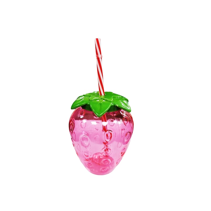 Sticla apa, forma capsuna, rosie, cu pai, 400 ml