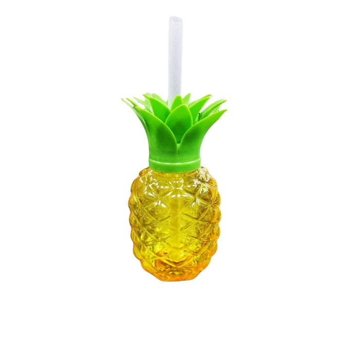 Sticla apa, forma ananas, galben, cu pai, 400 ml
