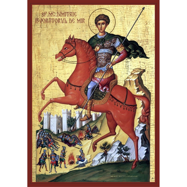 Icoana Sfantul Mucenic Dimitrie Izvoratorul de Mir, model bizantin pe cal, 70 x 50 cm, material plastic PVC
