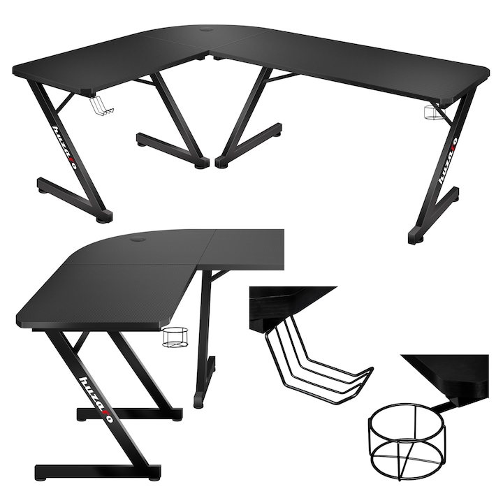 Birou de colt, Huzaro Hero 7.0, gaming, Acoperire cu Carbon, Blat Gros, Intrare Cablu, Constructie din Aluminiu, Picioare intarite, Picioare reglabile, Suport pentru Casti Cup Holder, Reglabil, Negru