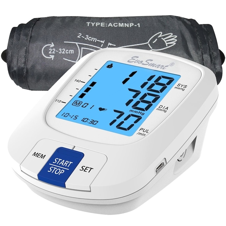 Tensiometru de brat EvoSmart™ 808, Afisaj LCD cu caractere mari, Auto-masurare, Detectare puls neregulat, Validat clinic, Manseta 22-32cm, Oscilometric, 90 Memorii, Alb