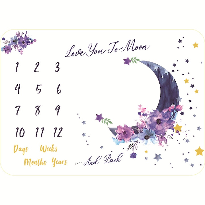 OEM mérföldkő születésnapi takaró, 2 kerettel, babafotókhoz, "love you to the moon and back" felirat, lila-rózsaszín, 120 x 100 cm
