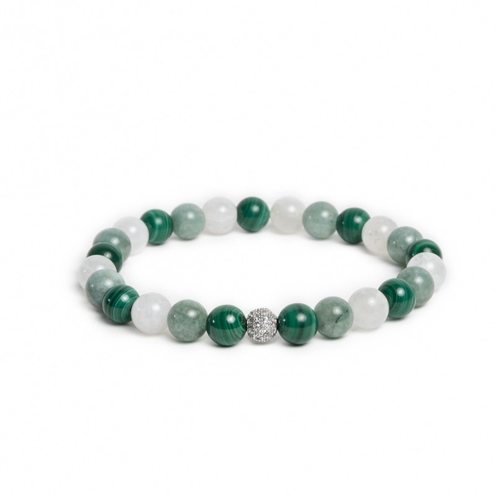 Bratara eleganta fete, Ezera, din pietre semipretioase de Malachit, Piatra Lunii si Jad Verde, Mehal, margele de 6mm, 17-18 cm