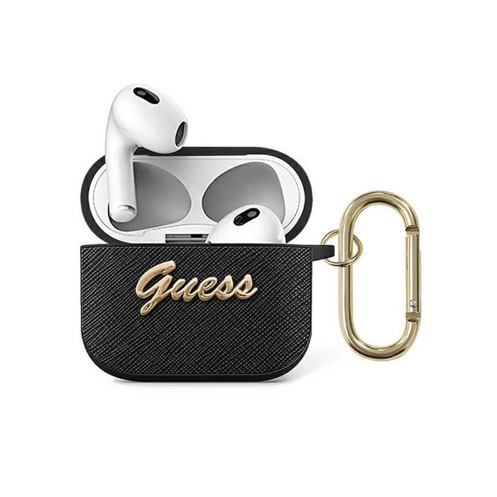 Husa Protectie Guess Compatibila Cu Airpods 3, Colectia Saffiano Metal Logo, Negru - 9009809