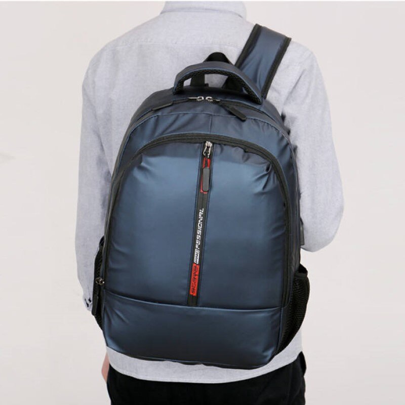 Rucsac laptop 17", casual cu aspect lucios, cu port USB si orificiu pentru casti audio, Escalate, 45x36x10 cm, Albastru