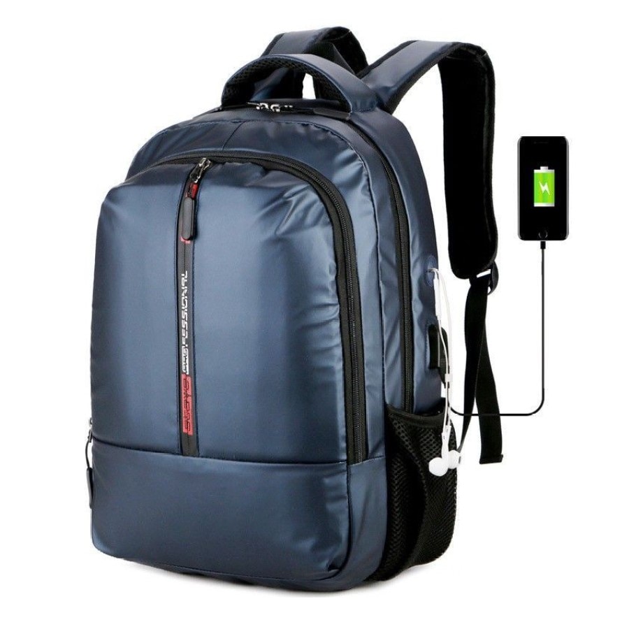 Rucsac laptop 17", casual cu aspect lucios, cu port USB si orificiu pentru casti audio, Escalate, 45x36x10 cm, Albastru