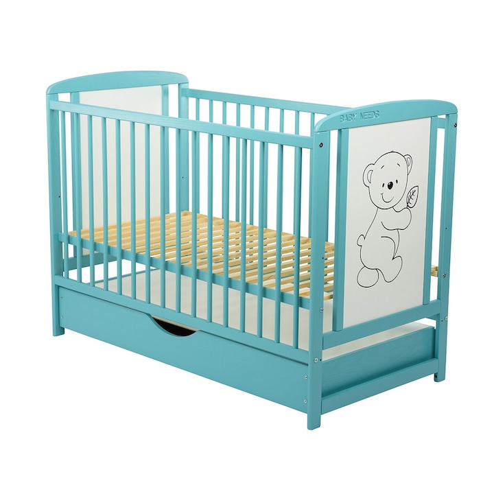 Детско креватче BabyNeeds Timmi, Дървено, С чекмедже, 120x60 см, Mint