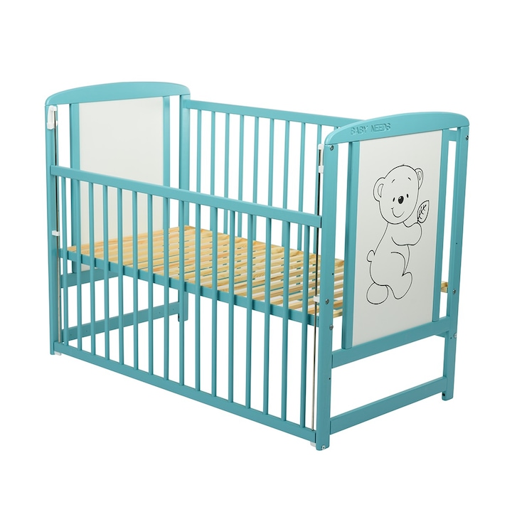 Детско креватче BabyNeeds Timmi, Дървено, С плъзгаща страна, 120x60 см, Mint