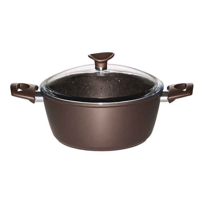 Oala din aluminiu Pyramis STONE CHEF cu doua manere, diametru 24cm, capac din sticla temperata, finisaj interior anti aderent