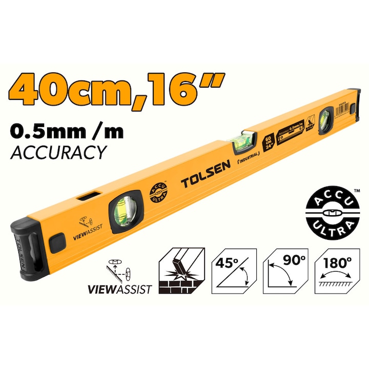 Nivela TOLSEN Industrial 40cm cu 3 fiole 90°/180°/45°, vizualizare dubla, cadru aluminiu cu acoperire pulbere, fund frezat, precizie 0.5mm/m, capete antishock