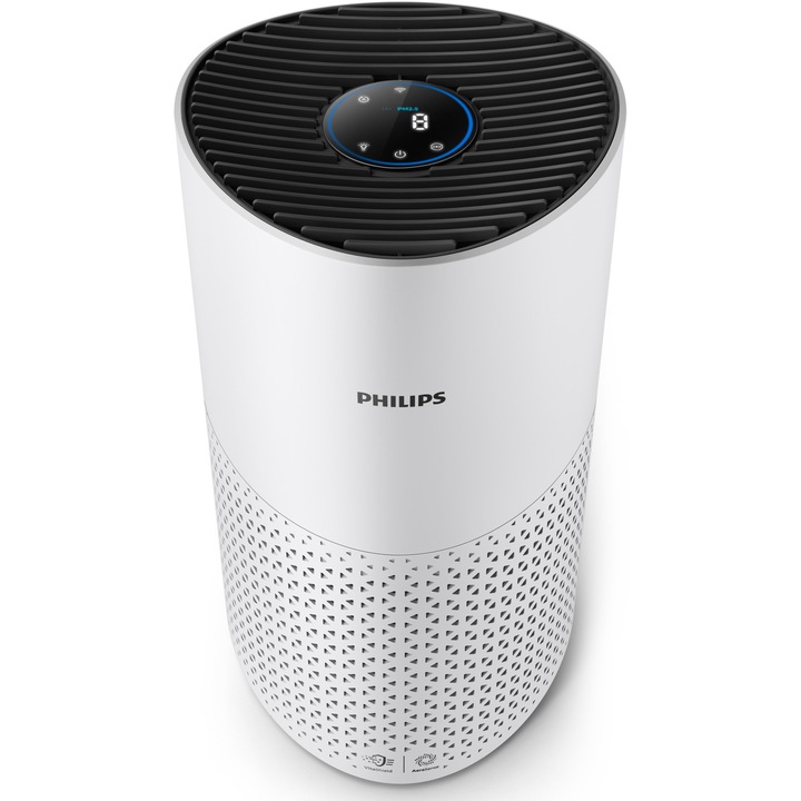 Пречиствател на въздух Philips AC1715/10, Серия 1000i, Пречиства помещения до 36 m², CADR 300 m3/h, 4 ръчни настройки на налягането (Nocturn, Turatia 1, 2, Turbo), HEPA и филтри с активен въглен, Свързани с приложението Air+, Режим Nocturn, Бял