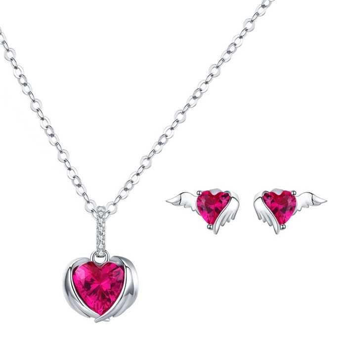 Set argint colier si cercei cu inimioare si aripi de inger protector, BeSpecial, SZT0009, Zirconiu