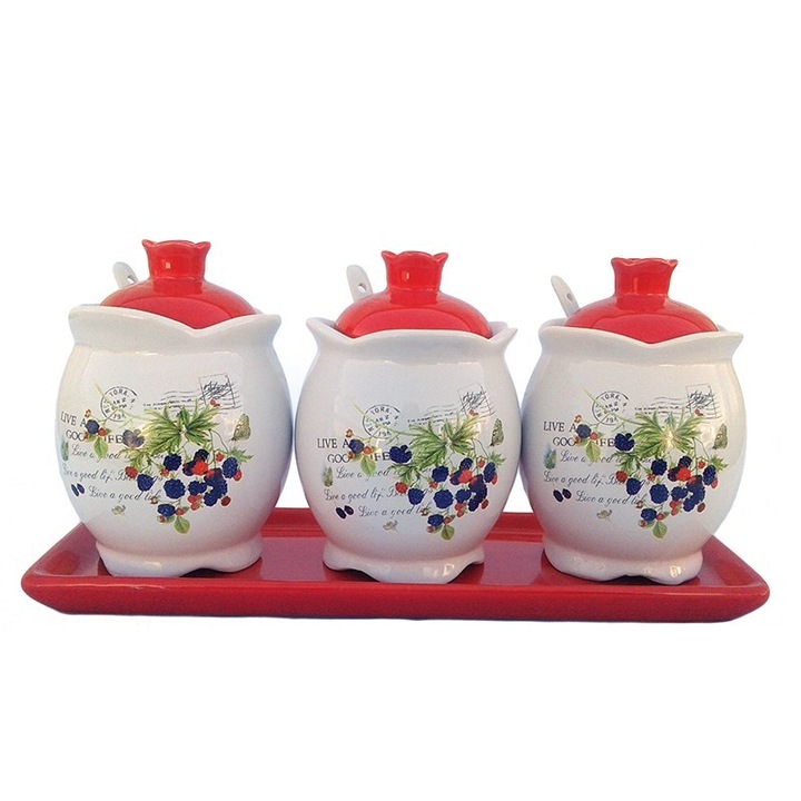 Set din ceramica format din trei recipiente cu lingurite, 27x13cm, rosu