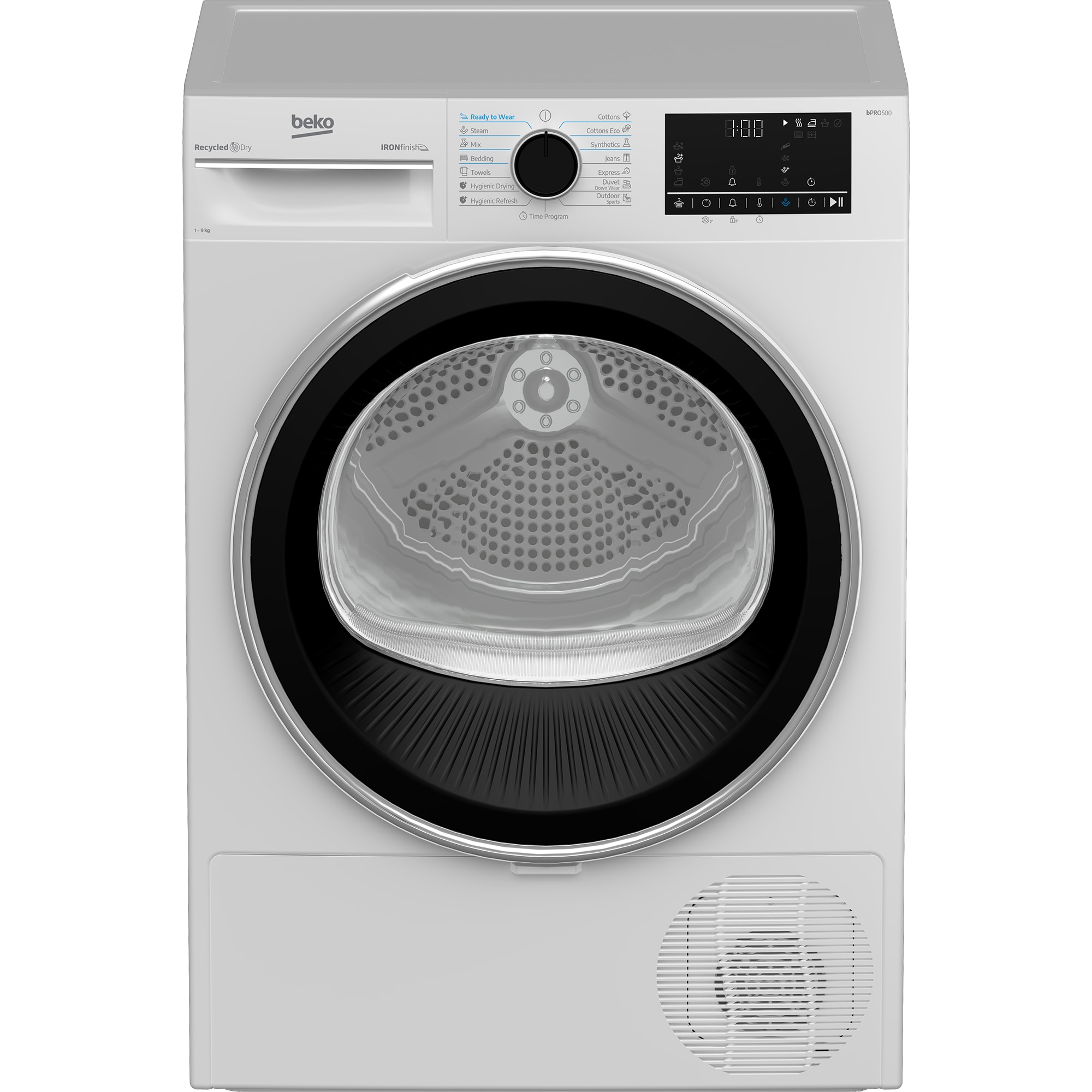 Uscator de rufe Beko B5T69233, 9 kg, Clasa D, Pompa de caldura EcoGentle, RecycledDry, IronFinish, Hygienic Reresh, Hygienic Drying, Alb