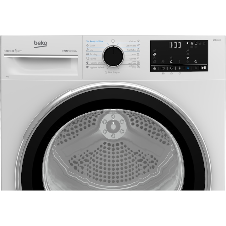 Сушилня Beko B5T69233, 9 кг, Клас D, EcoGentle термопомпа, RecycledDry, IronFinish, Хигиенично освежаване, Хигиенично сушене, Бял