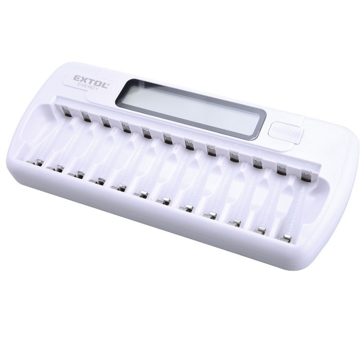 Incarcator baterie Extol AAA / AA, NiMh / NiCd, 12 sloturi, incarcare individuala, LCD