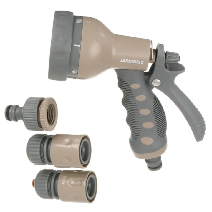Pistol pentru stropit, cu 7 jeturi si conectori, sistem blocare, 15 mm, Gri