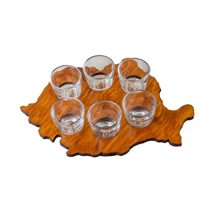 Z-tools Pohár szett, Fa támasztékkal, Talpas Románia térkép alak, 30 ml, EXT 7125_1, 6 db