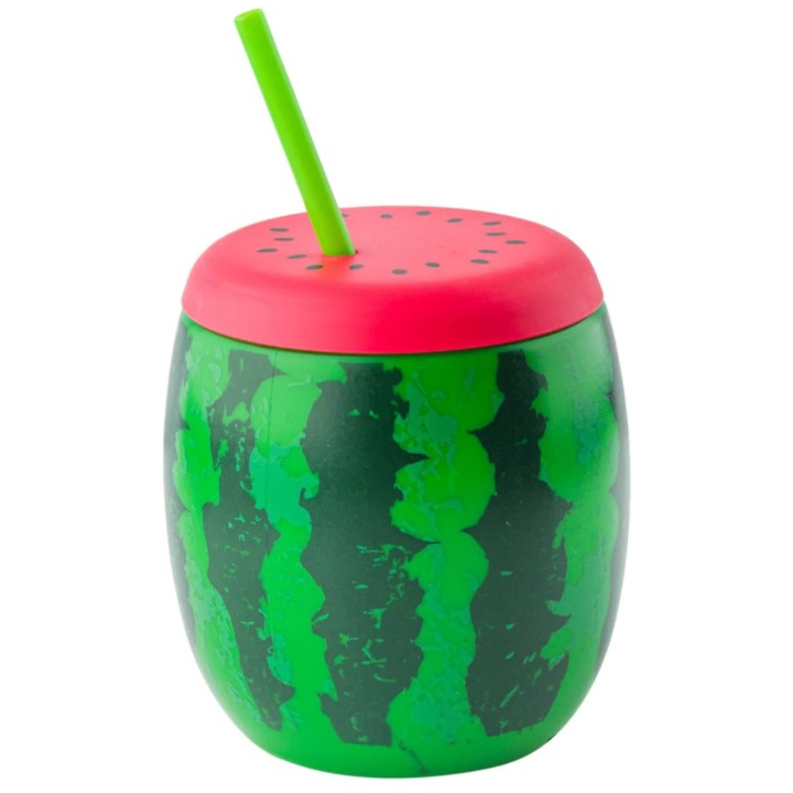 Pahar forma pepene Herum® din plastic, cu pai, Rosu / Verde, 1 l