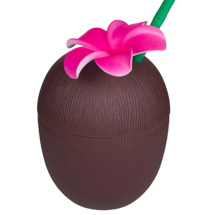 Пластмасова чаша във формата на кокосов орех със сламка, Кафява, 650 мл