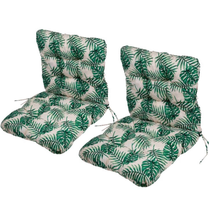 Set 2 Perne scaun exterior/interior cu spatar, verde/alb, 100 x 50 x 12.5 cm, tropical, terasa, balcon, gradina