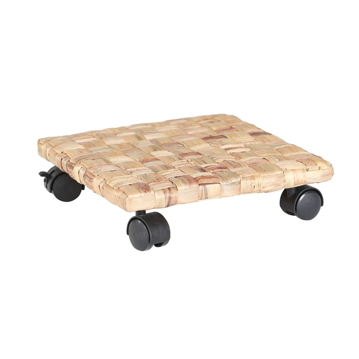 Suport ghiveci flori 6651210, mobil, forma patrat, material ratan, 30 x 30 cm, prevazut cu roti de deplasare