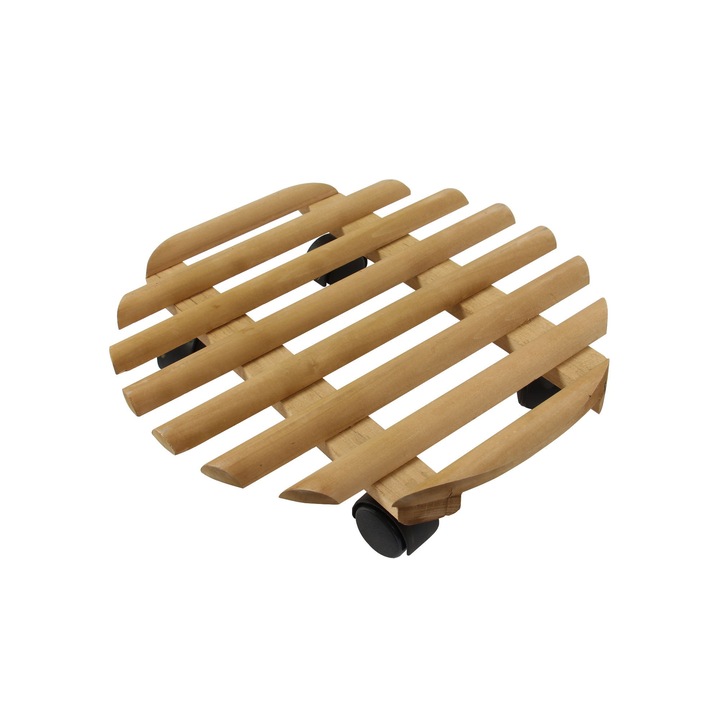 Suport ghiveci pentru flori este mobil cu 4 roti, lemn, ATS, interior sau exterior, 35 cm, rotund