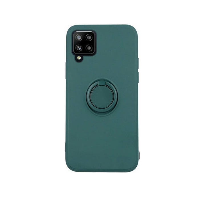 Husa compatibila cu Samsung Galaxy A22 4G, Liquid Silicone Ring, Suport cu inel rotativ magnetic, Interior din microfibra, Protectie camera, Silicon ultra slim, Forest Green