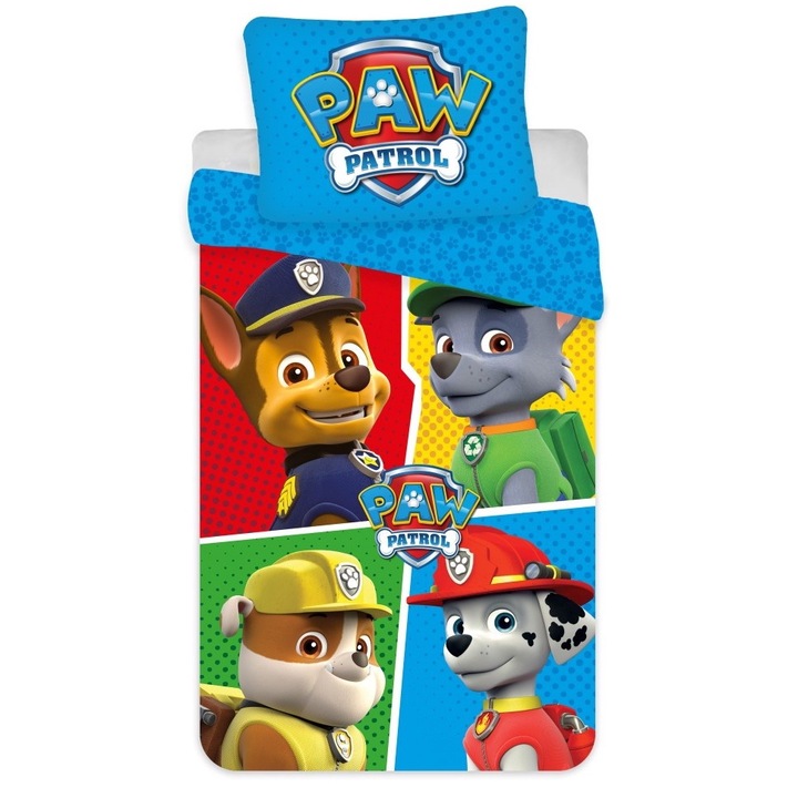 Lenjerie de pat copii Brand Mac, Patrula catelusilor mozaic, 2 piese, bumbac, 1 persoana, multicolora, 140x200 cm, 70x90 cm