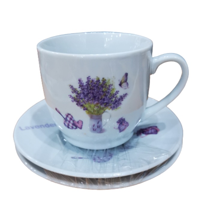 Set cesti cu farfurie, Portelan, Model lavanda, 100 ml, Alb