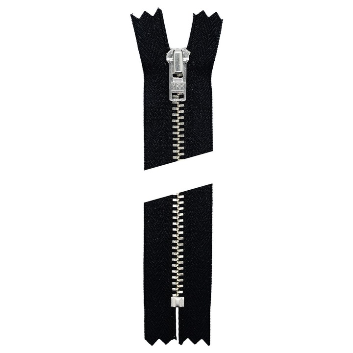 Fermoar metalic nedetasabil utilizat la articole denim, blugi, fuste, pantaloni, spira metalica argintie #3 YKK, lungime 18 cm, negru