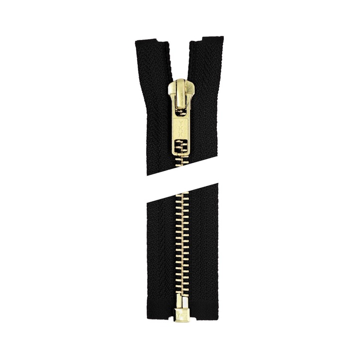 YKK fém cipzár, kivehető, sárgaréz kivitel, fém tekercs 5. sz., 6,5 mm, szőtt PES szalag, önzáró, 75 cm, Fekete