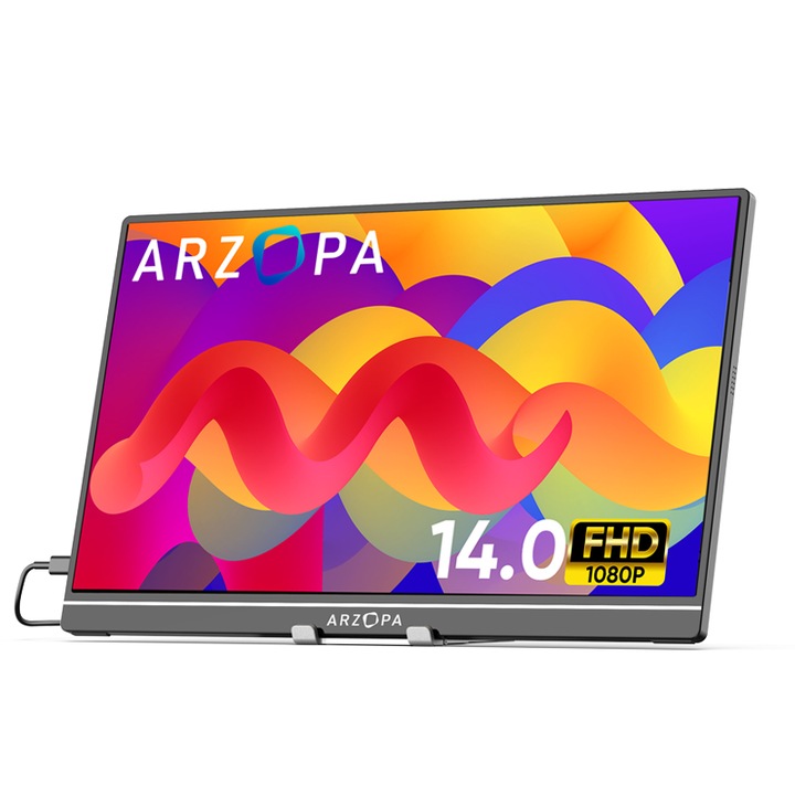 Monitor portabil, ARZOPA, 14 inch, HDR, 1920X1080, Difuzor dual, USB-C, HDMI, Negru