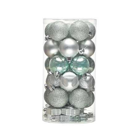 Set 35 globuri brad Craciun, Kring, plastic, 5 cm, Argintiu/Verde