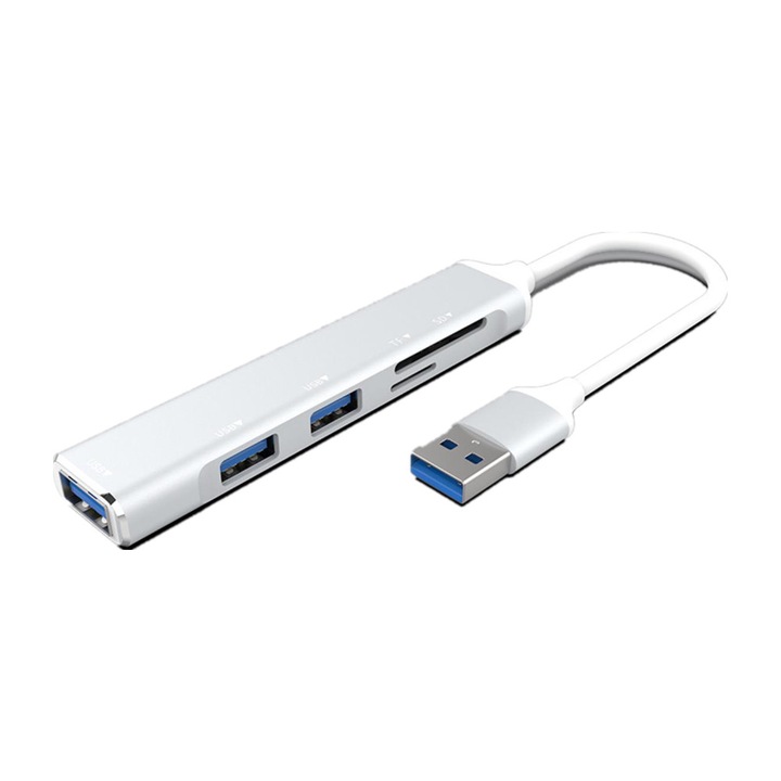 HUB Multi USB tip A, 5 in 1, Cu cititor de carduri SD Micro si 3 porturi USB, Argintiu