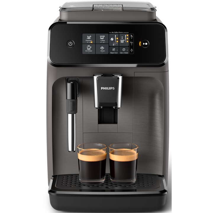 Espressor automat Philips EP1224/00, 1500W, 2 bauturi, sistem clasic de spumare a laptelui, afisaj tactil, rasnita ceramica, compatibil cu filtrul Aqua Clean, gri casmir