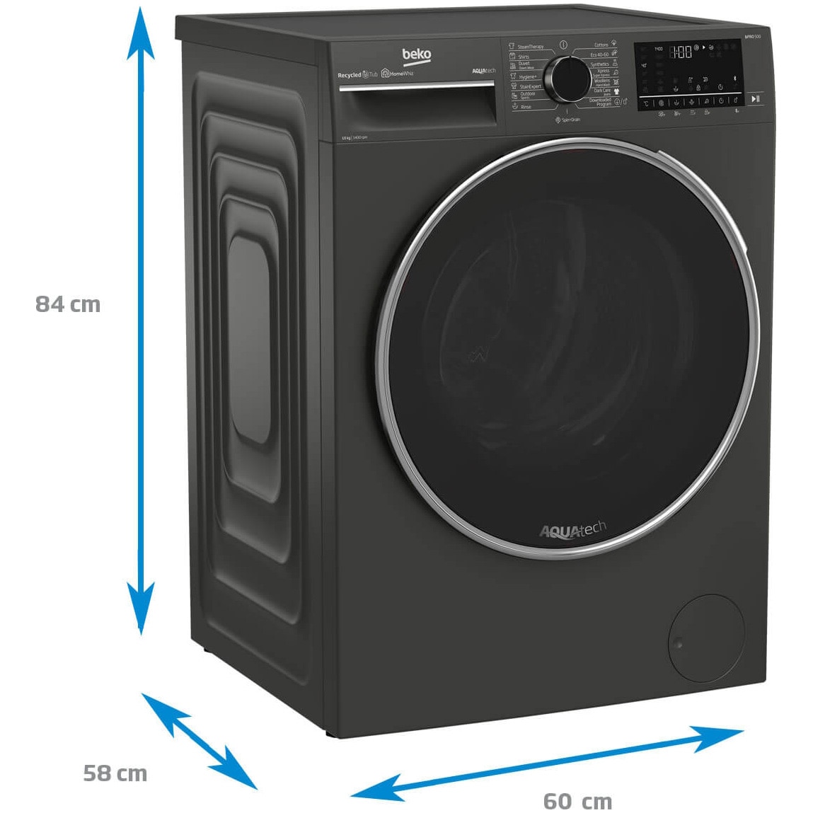 Masina de spalat rufe Beko B3WFU510418M, 10 kg, 1400 RPM, Clasa A, Recycled Tub, Homewiz Remote Control, Motor ProSmart Inverter, AddXtra, Hygiene+, SteamCure, Gri