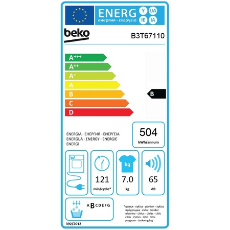 Uscator de rufe Beko B3T67110, Condensare, 7 kg, Clasa B, RecycledDry, Hygiene, Optisense, Aquawave, Alb