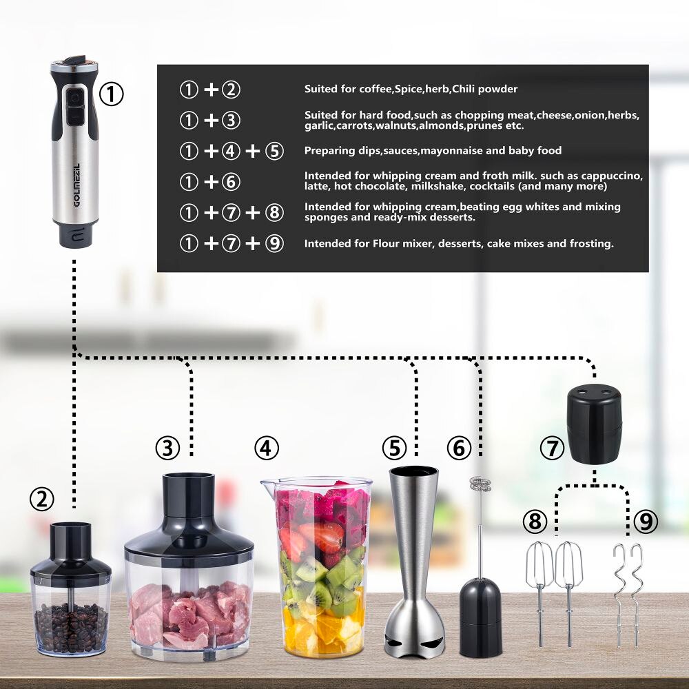 Blender de mana 6n1, GOLMEZIL, Inox, 800 W, 400/600/200 ml, Argintiu